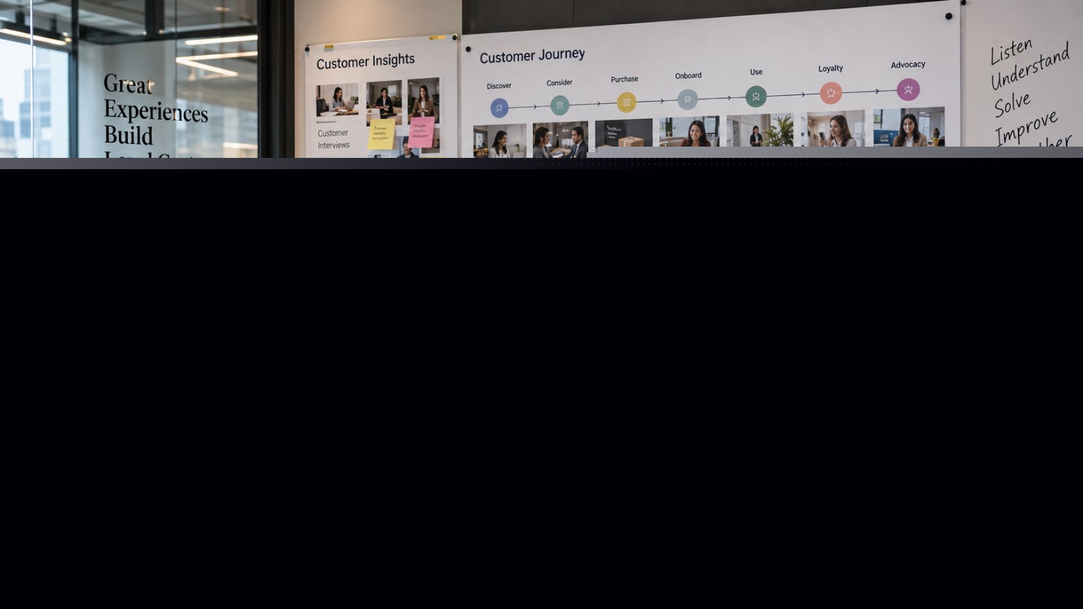 Customer experience team mapping the complete journey from discovery and onboarding to loyalty and advocacy